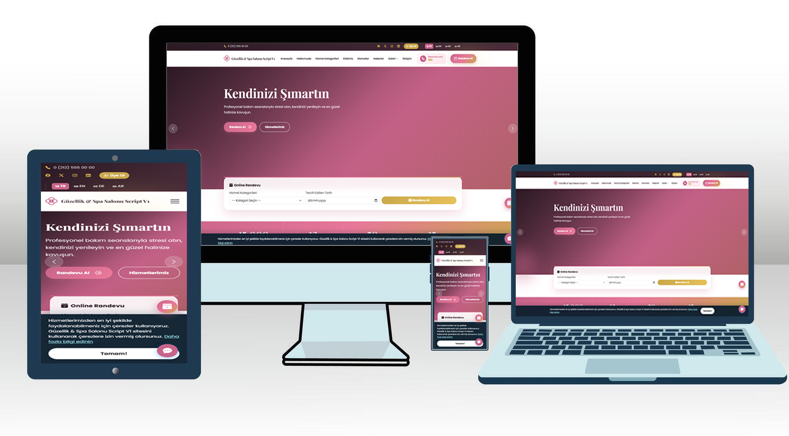 Kuaför ve Güzellik Merkezi Web Sitesi Scripti | Online Randevu, Üye Kayıt, Video Galeri (Mobil Uyumlu & Çok Dilli)