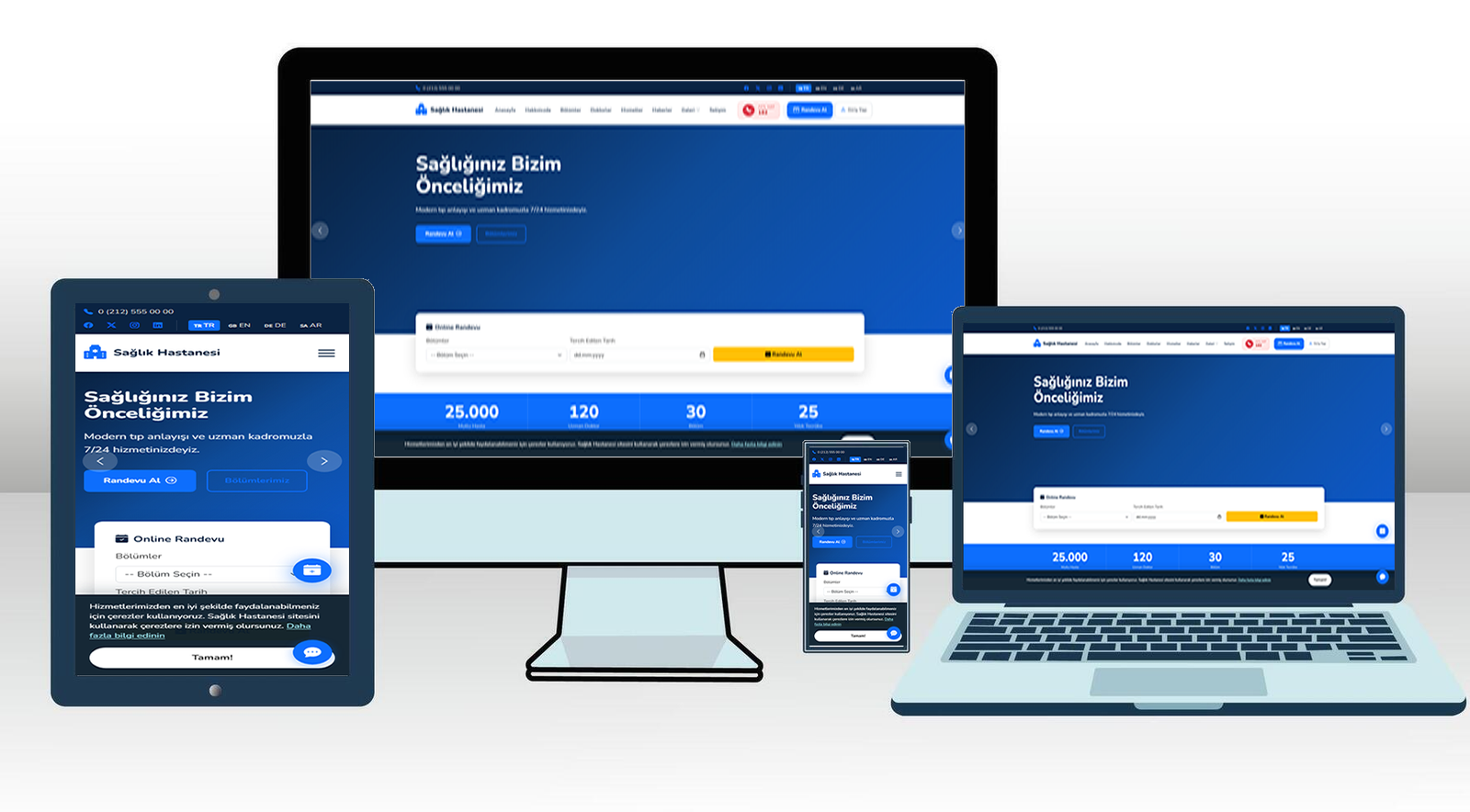 Hastane Web Sitesi Scripti | Bölümler, Doktor Kadrosu, Online Randevu ve 724 Hizmet (Mobil Uyumlu & Çok Dilli)